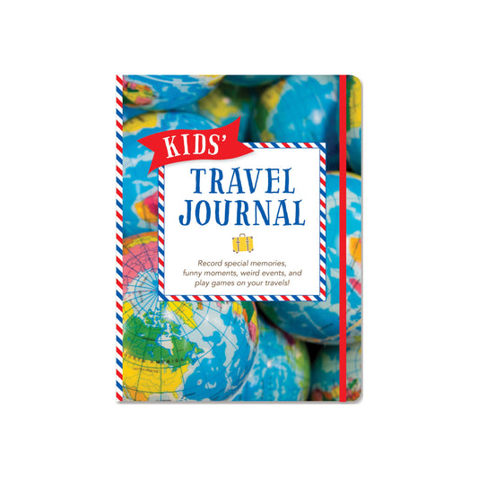 Kids' Travel Journal featuring a globe-themed hardcover and a red elastic band.