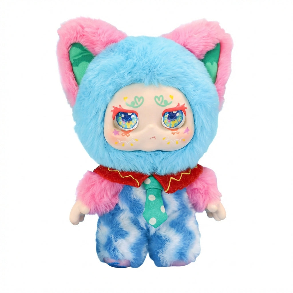 Kimmon Camouflage Rhapsody plush pendant character with blue face, pink ears, and colorful outfit on a white background