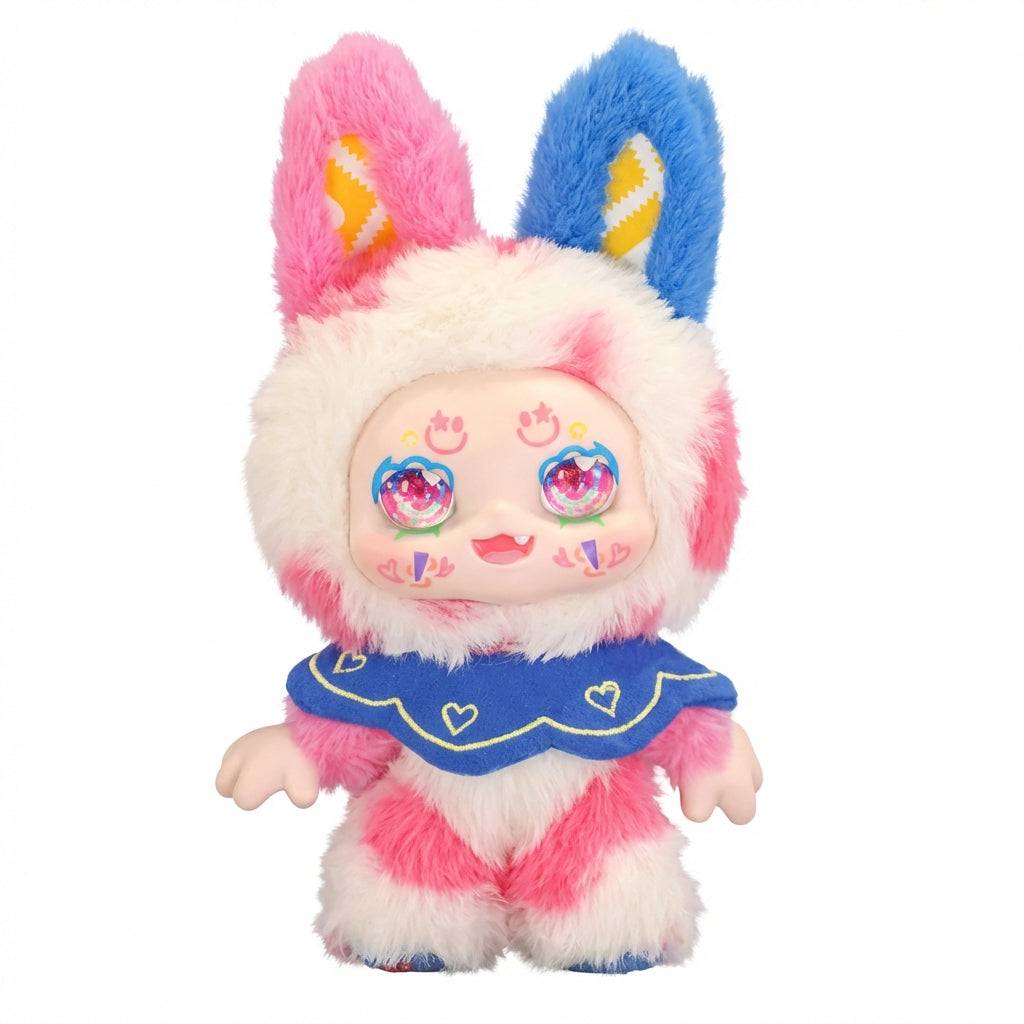 Kimmon Camouflage Rhapsody plush pendant character with bunny ears and a blue outfit on a white background