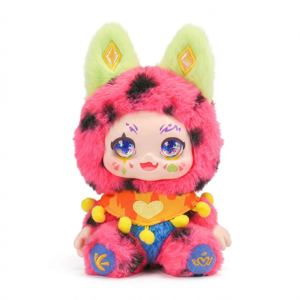 Kimmon Camouflage Rhapsody plush pendant character with pink fur, green ears, and a heart necklace on a white background
