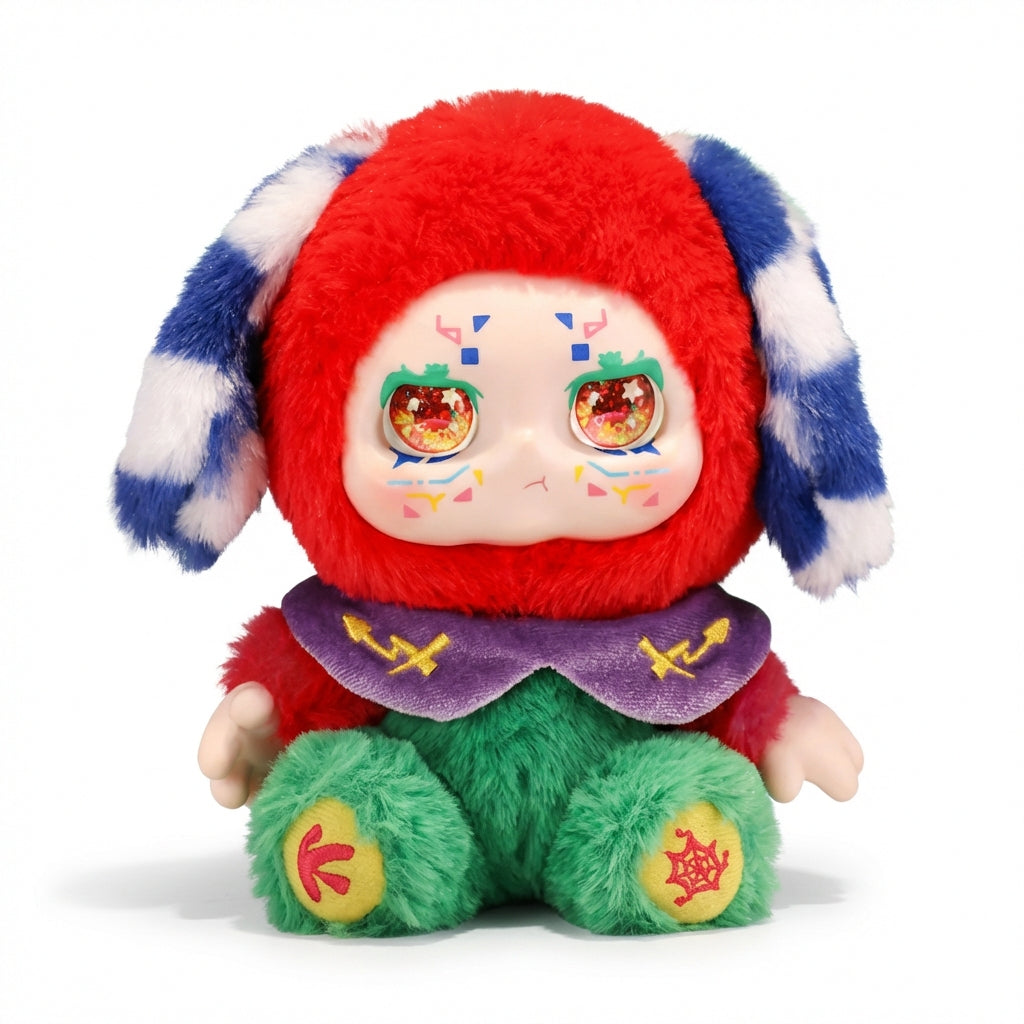 Kimmon Camouflage Rhapsody plush pendant character with red head, green body, and blue and white checkered ears on a white background