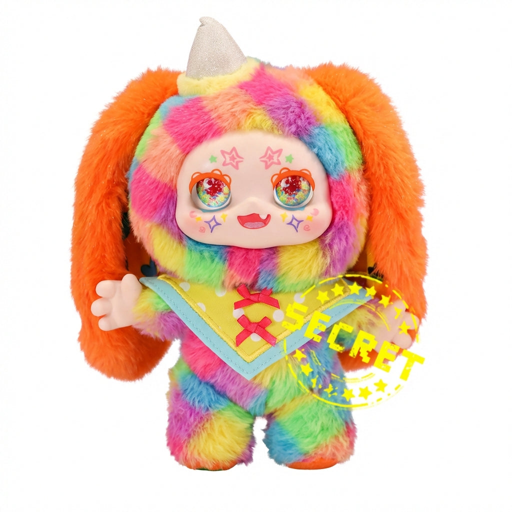 Kimmon Camouflage Rhapsody plush pendant character with rainbow hair and outfit on a white background