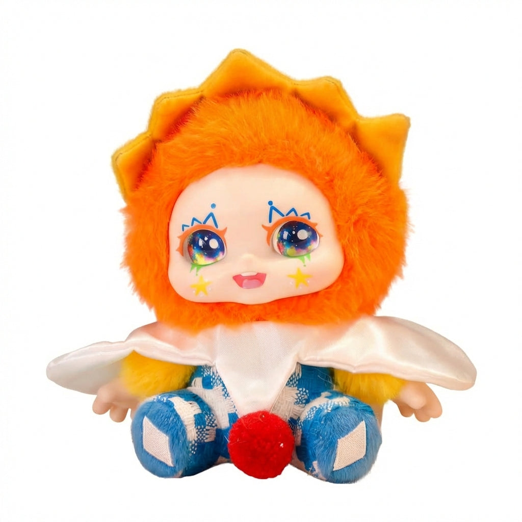 Kimmon God’s Era Series plush pendant with orange hair, blue eyes, and colorful outfit on a white background