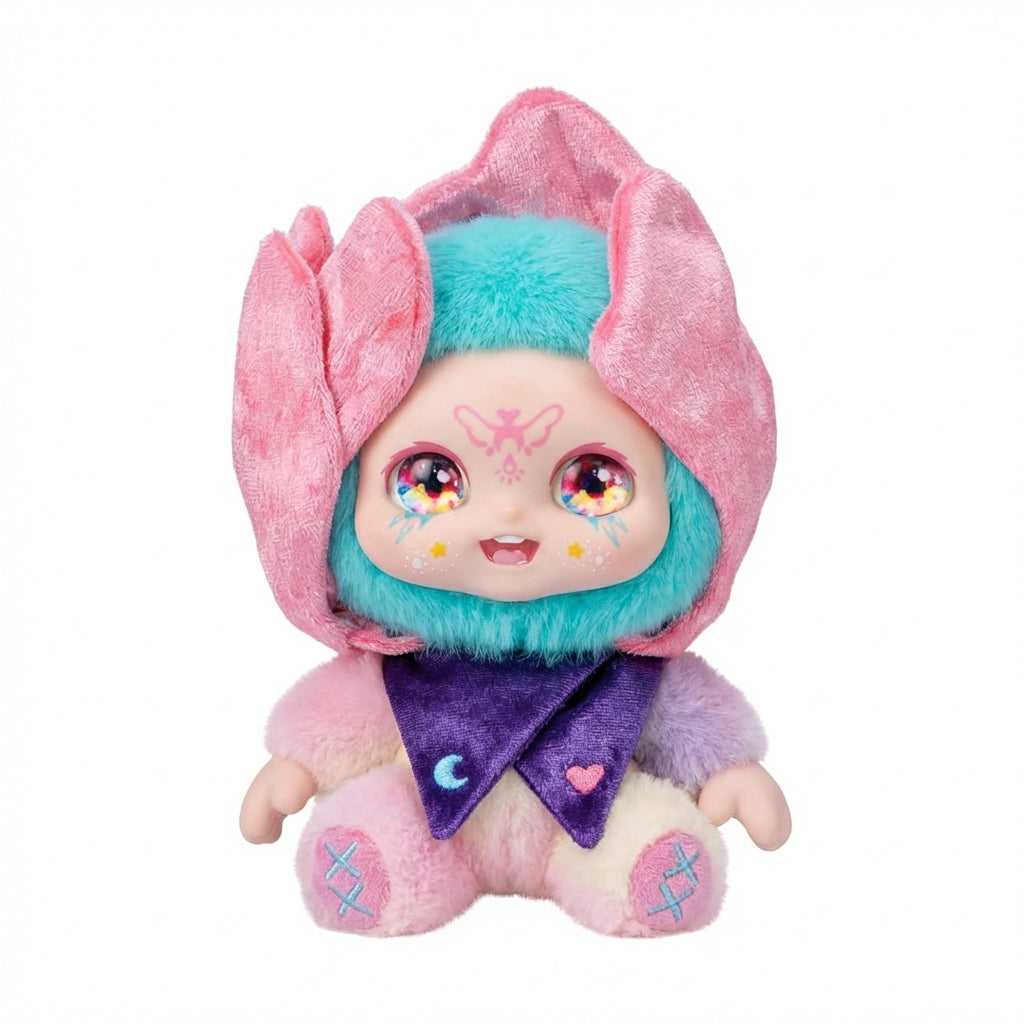 Kimmon God’s Era Series plush pendant with pink hood and teal hair on a white background
