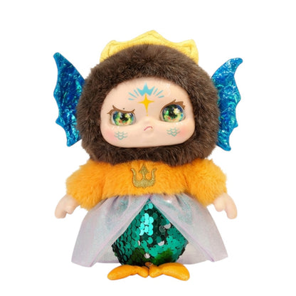 Kimmon God’s Era Series plush pendant with brown fur, blue fins and a yellow crown on a white background