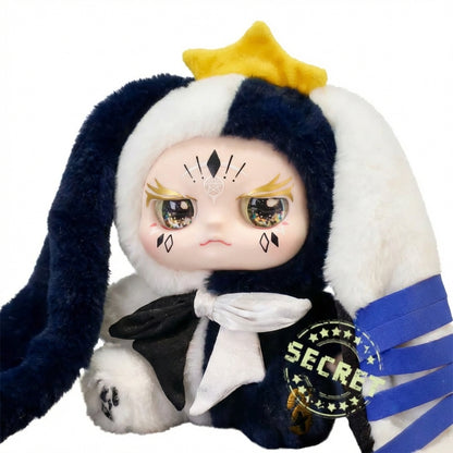 Kimmon God’s Era Series plush pendant with a star on its head, wearing a black and white outfit with blue ribbons, on a white background.