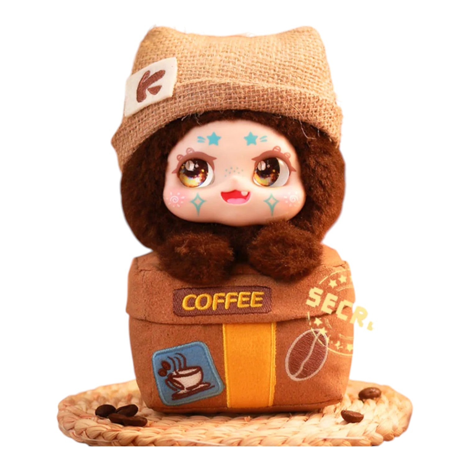 Kimmon Let's Cafe Plush Blind Box – Available from Canadian stock at ReChild.ca of a character in a coffee-themed outfit with a hat and apron on a white background