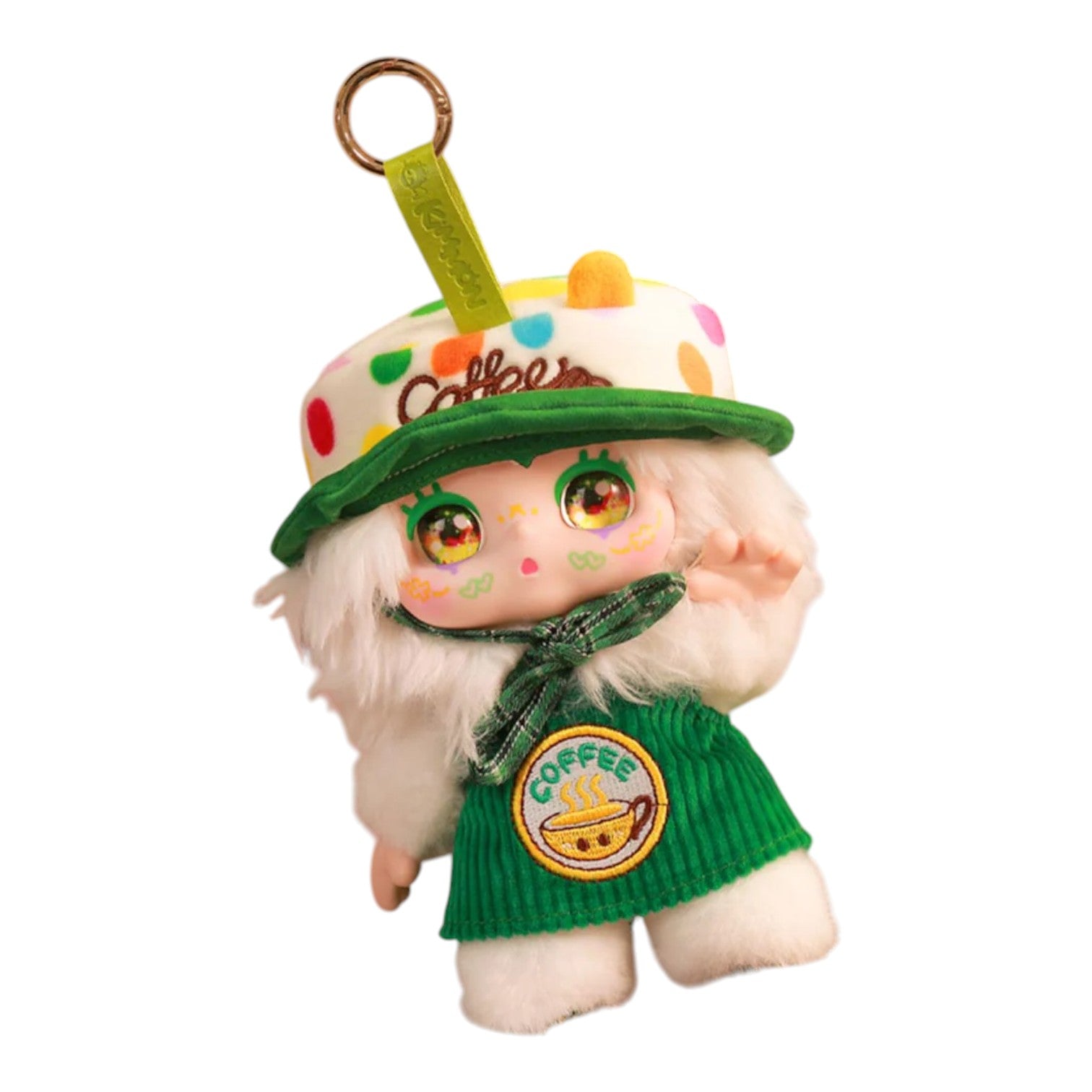 Kimmon Let's Cafe Plush Blind Box – Available from Canadian stock at ReChild.ca character wearing a coffee-themed outfit with a green hat and sweater on a white background