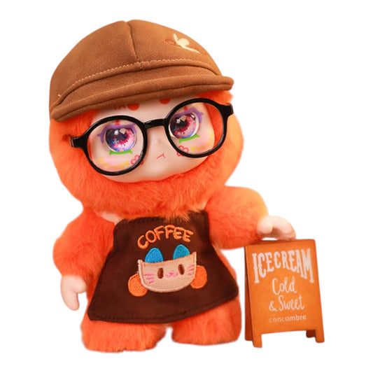 Kimmon Let's Cafe Plush Blind Box – Available from Canadian stock at ReChild.ca Orange plush toy with glasses, brown cap, and apron holding an ice cream sign on a white background