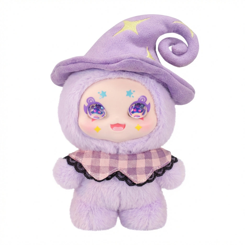 Kimmon Camouflage Rhapsody plush pendant  with a purple outfit and hat on a white background