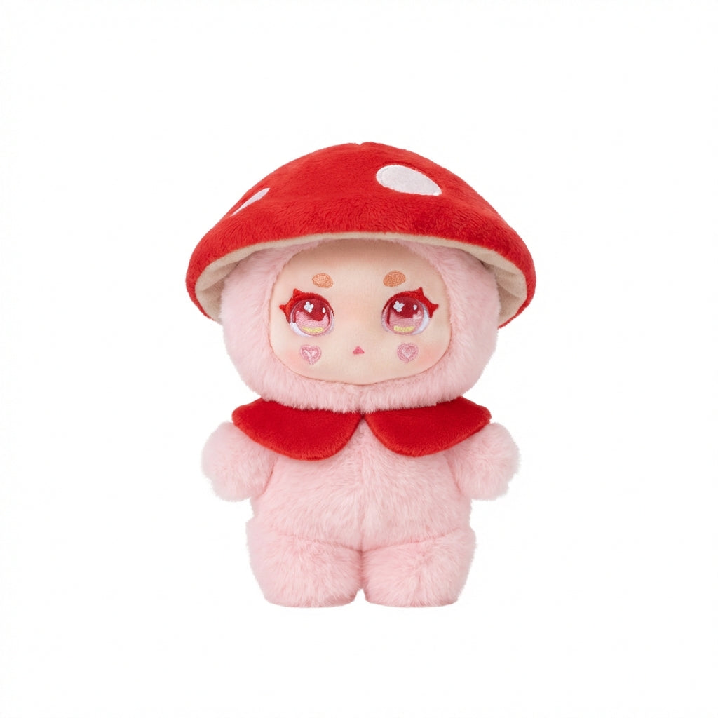 Kimmon Camouflage Rhapsody plush pendant with pink body and red mushroom cap on a white background