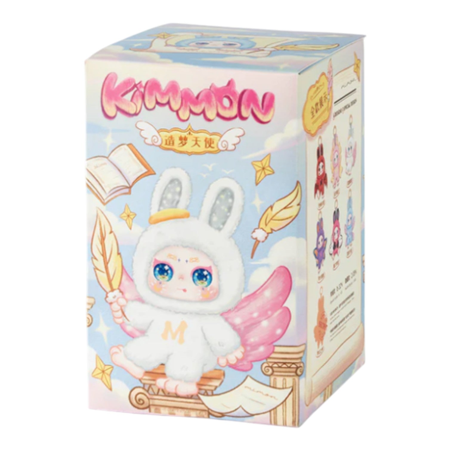 Kimmon Mimon Dream Maker Plush Doll 6-inch packaging with a white character and pink wings on a pastel blue background.