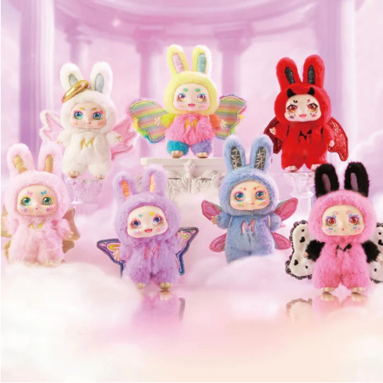 Kimmon Mimon Dream Maker Plush Doll 6-inch with bunny ears and butterfly wings on a pink background