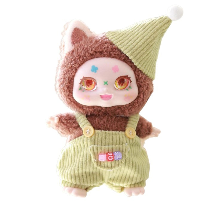 Kimmon Mimon Plush Doll – Available from Canadian stock at ReChild.ca with brown fur, yellow overalls, and a green hat on a white background