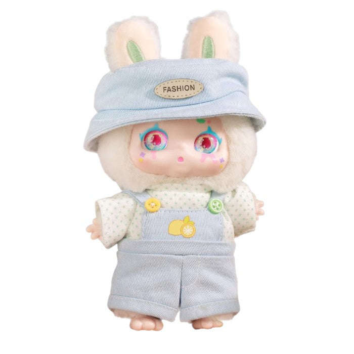 Kimmon Mimon Plush Doll – Available from Canadian stock at ReChild.ca with bunny ears wearing a blue outfit and hat on a white background