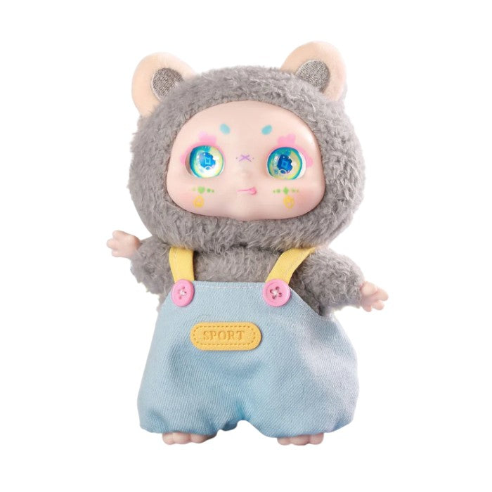 Kimmon Mimon Plush Doll – Available from Canadian stock at ReChild.ca with gray fur, blue eyes, and light blue overalls on a white background