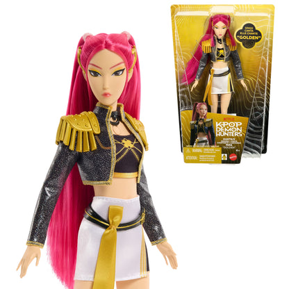 KPop Demon Hunters HUNTR/X Mira singing doll with flowing pink hair, stage-ready makeup, a cropped jacket, and a white mini skirt.