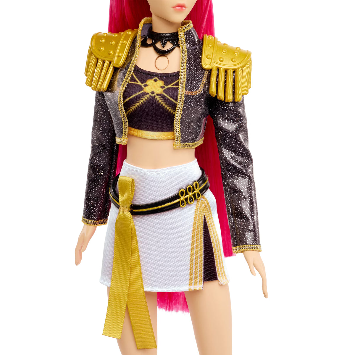 KPop Demon Hunters HUNTR/X Mira singing doll with flowing pink hair, stage-ready makeup, a cropped jacket, and a white mini skirt.