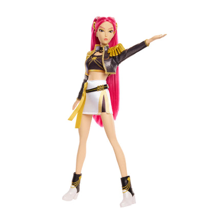 KPop Demon Hunters HUNTR/X Mira singing doll with flowing pink hair, stage-ready makeup, a cropped jacket, and a white mini skirt.