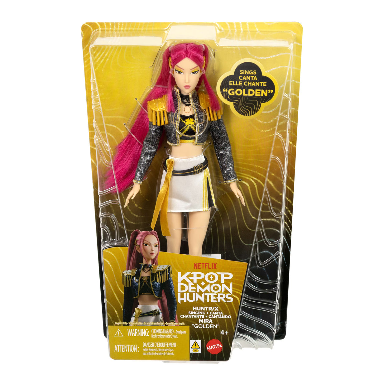 KPop Demon Hunters HUNTR/X Mira singing doll with flowing pink hair, stage-ready makeup, a cropped jacket, and a white mini skirt.