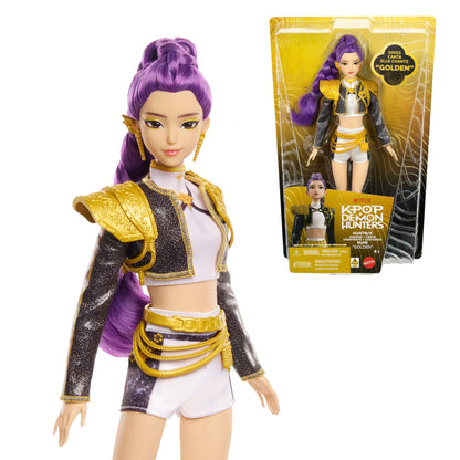 KPop Demon Hunters HUNTR/X Rumi singing doll with braided purple hair, knee-high boots, and a shimmering outfit with sculpted shoulder pads.