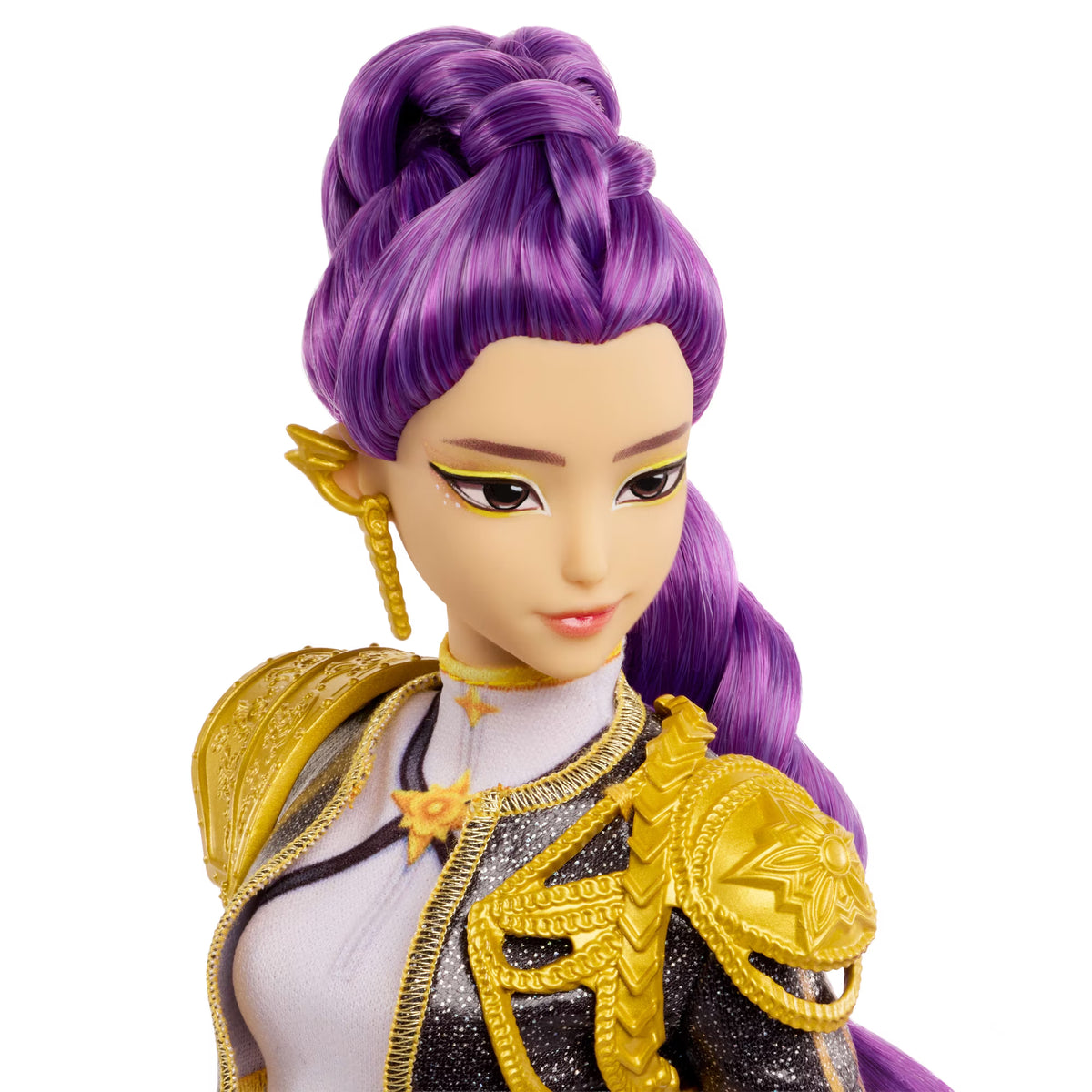 KPop Demon Hunters HUNTR/X Rumi singing doll with braided purple hair, knee-high boots, and a shimmering outfit with sculpted shoulder pads.