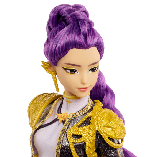 KPop Demon Hunters HUNTR/X Rumi singing doll with braided purple hair, knee-high boots, and a shimmering outfit with sculpted shoulder pads.