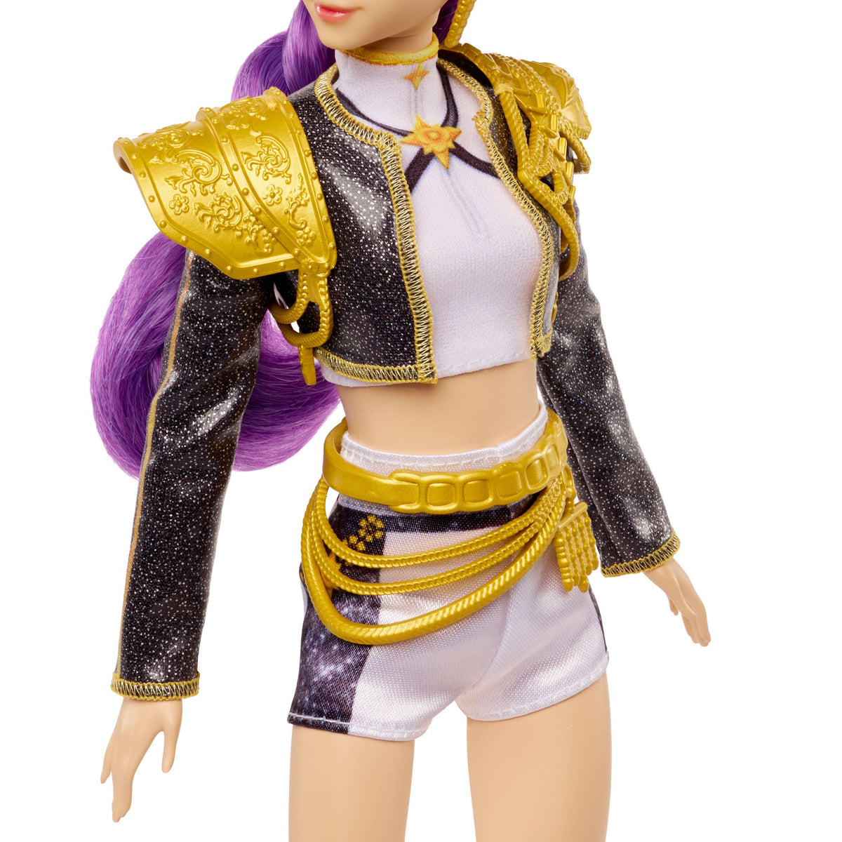 KPop Demon Hunters HUNTR/X Rumi singing doll with braided purple hair, knee-high boots, and a shimmering outfit with sculpted shoulder pads.