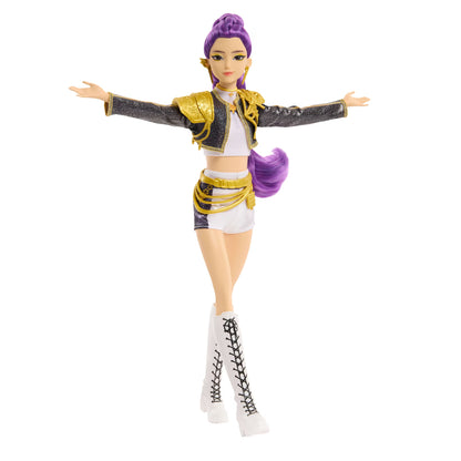 KPop Demon Hunters HUNTR/X Rumi singing doll with braided purple hair, knee-high boots, and a shimmering outfit with sculpted shoulder pads.
