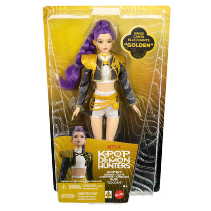 KPop Demon Hunters HUNTR/X Rumi singing doll with braided purple hair, knee-high boots, and a shimmering outfit with sculpted shoulder pads.