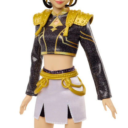 KPop Demon Hunters HUNTR/X Zoey singing doll with her signature up-do, a crop top with sculpted shoulders, a mini skirt, and combat boots.