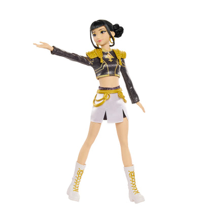 KPop Demon Hunters HUNTR/X Zoey singing doll with her signature up-do, a crop top with sculpted shoulders, a mini skirt, and combat boots.
