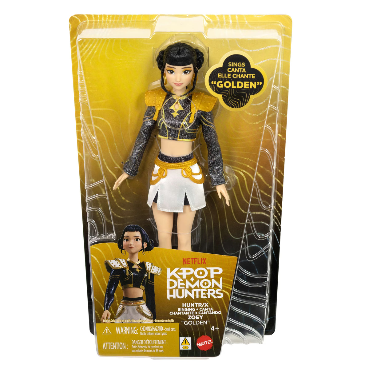 KPop Demon Hunters HUNTR/X Zoey singing doll with her signature up-do, a crop top with sculpted shoulders, a mini skirt, and combat boots.