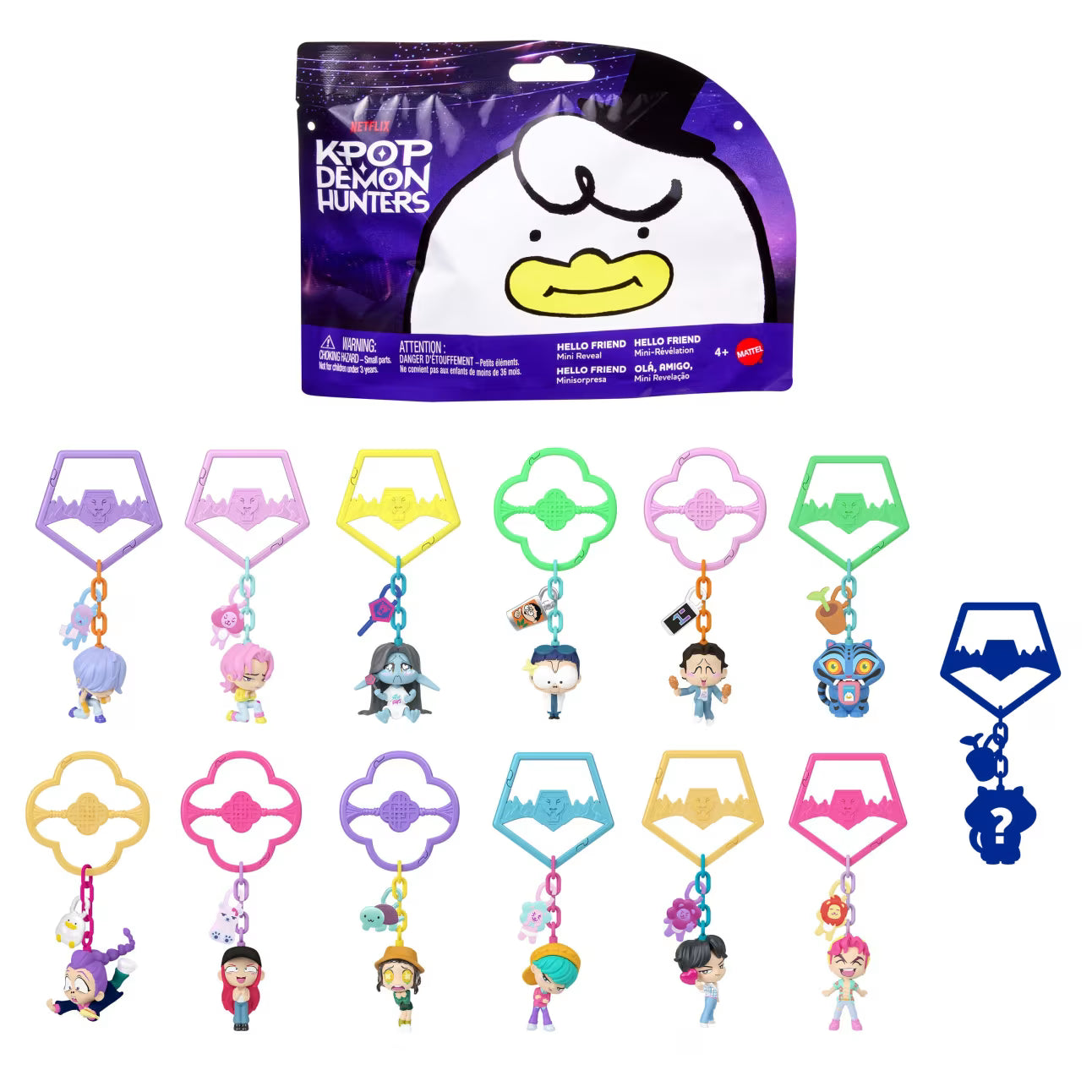 KPop Demon Hunters blind bag packaging and a display of 13 collectible mini figures including HUNTR/X and Saja Boys attached to colorful movie-inspired keychain clips.