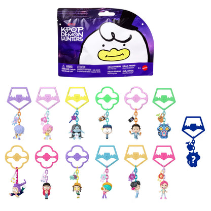 KPop Demon Hunters blind bag packaging and a display of 13 collectible mini figures including HUNTR/X and Saja Boys attached to colorful movie-inspired keychain clips.