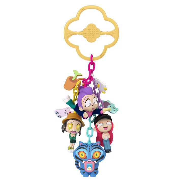 Colorful toy with character figures on a white background