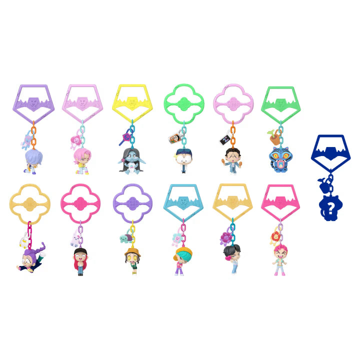 Colorful keychains with character figures on a white background