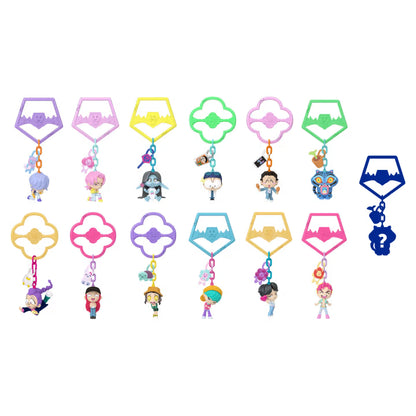 Colorful keychains with character figures on a white background