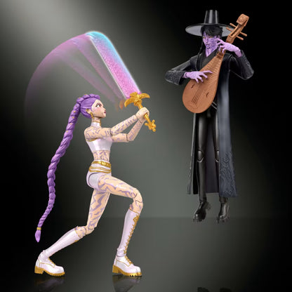 Two action figures on a dark background, one with a sword and the other playing a lute.
