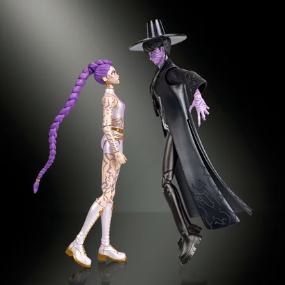 Two anime-style collectible figures posed facing each other on a dark studio background. One figure has long purple braided hair, pale skin with purple markings, a white and lavender outfit, and white boots with gold soles.
