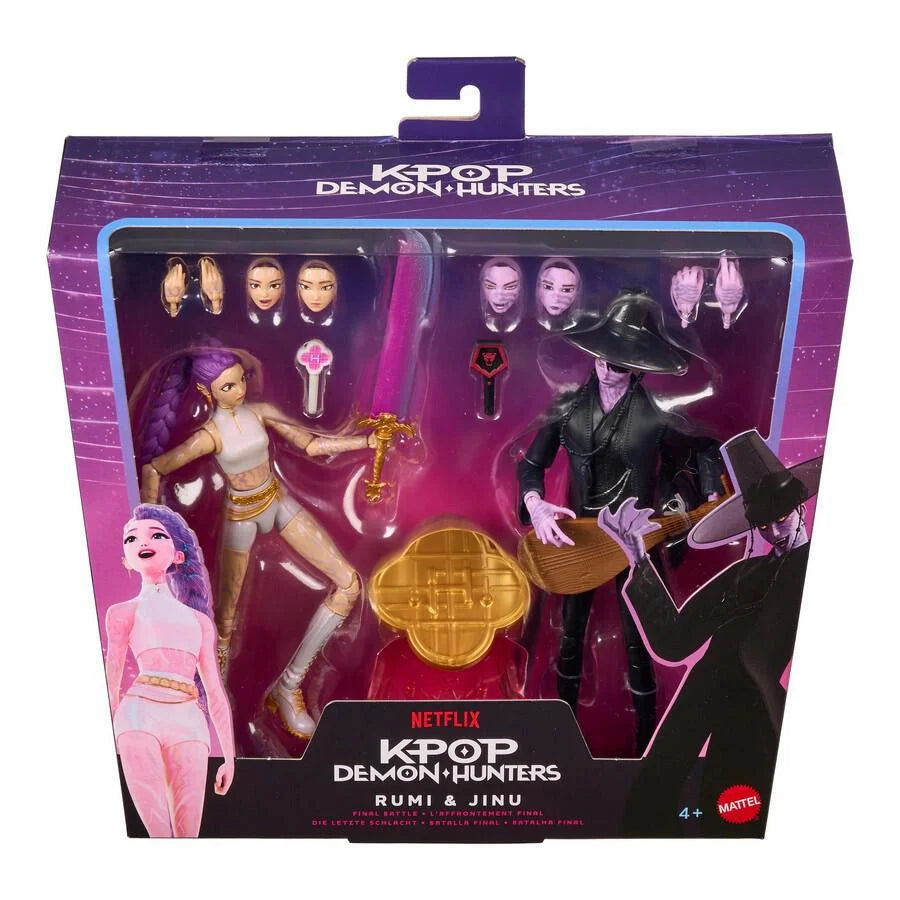 K-pop Demon Hunters Rumi & Jino action figure set in its original retail packaging, featuring two stylized figures with interchangeable heads and accessories.