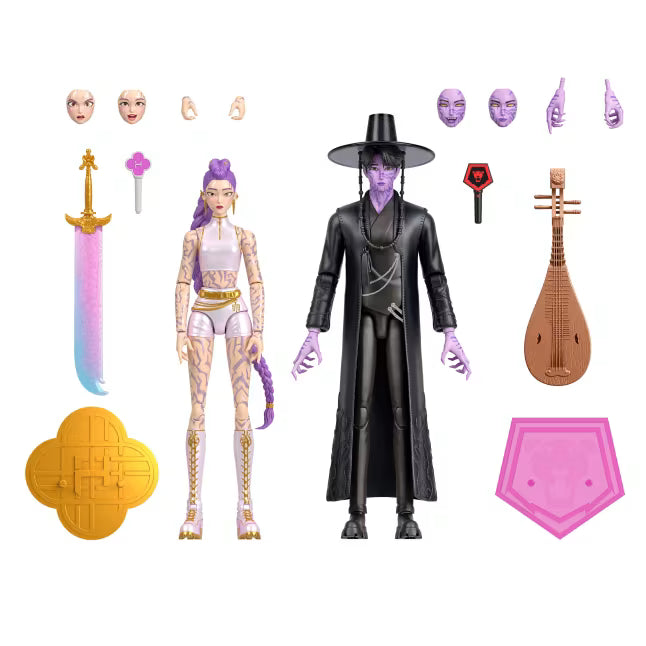 KPop Demon Hunters Rumi and Jinu action figures featuring their signature finale looks with demon patterns, swappable parts, and weapon accessories.