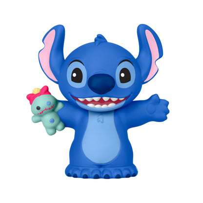 Little People Collector Disney Stitch & The Cousins figure set featuring Stitch, Angel, and Reuben inside a colorful display box with hidden details.