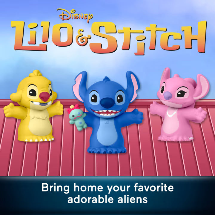 Little People Collector Disney Stitch & The Cousins figure set featuring Stitch, Angel, and Reuben inside a colorful display box with hidden details.
