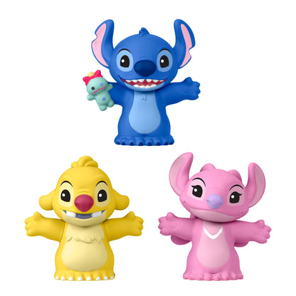 Little People Collector Disney Stitch & The Cousins figure set featuring Stitch, Angel, and Reuben inside a colorful display box with hidden details.