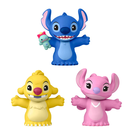 Little People Collector Disney Stitch & The Cousins figure set featuring Stitch, Angel, and Reuben inside a colorful display box with hidden details.
