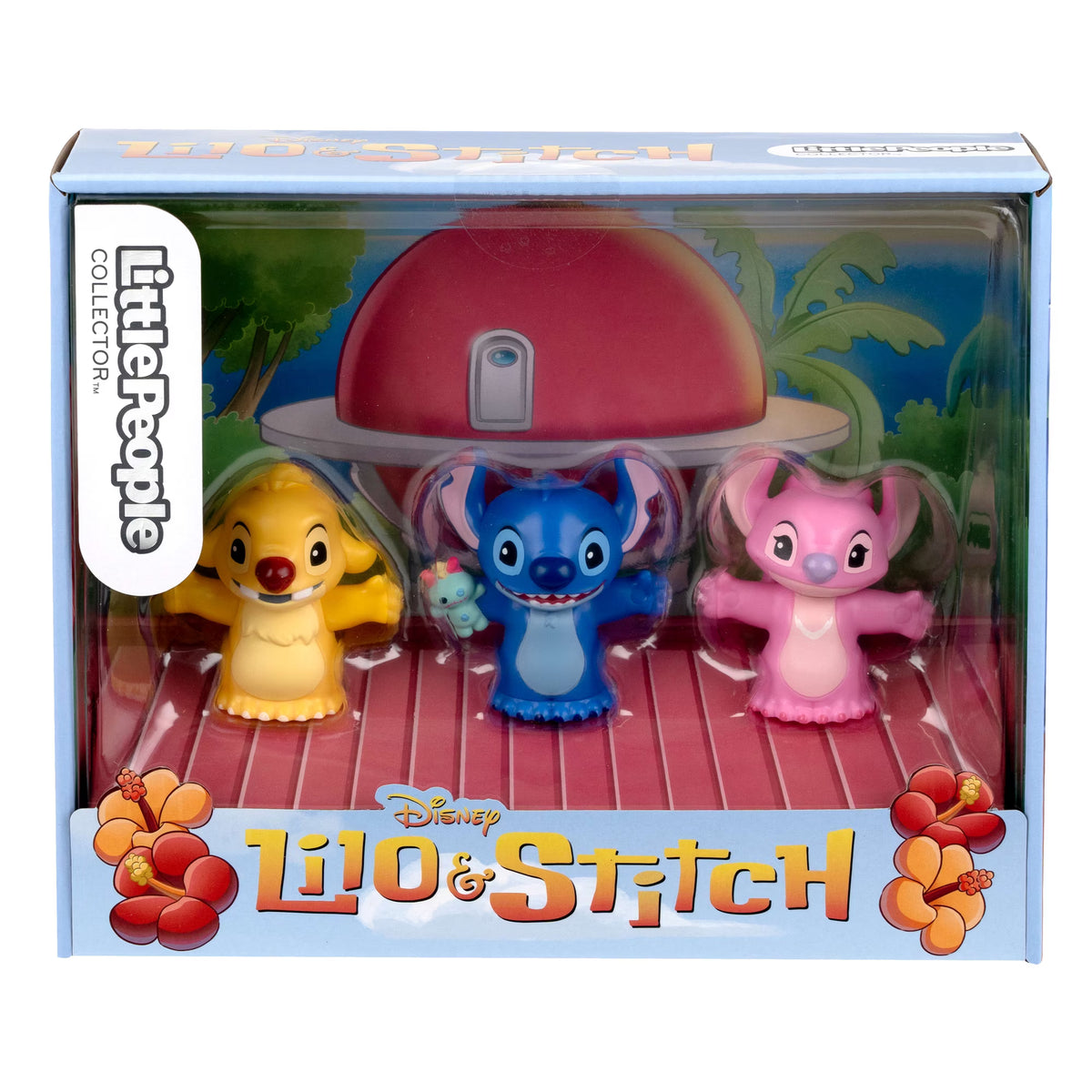 Little People Collector Disney Stitch & The Cousins figure set featuring Stitch, Angel, and Reuben inside a colorful display box with hidden details.