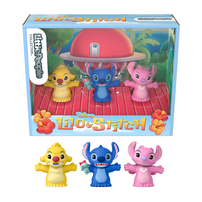 Little People Collector Disney Stitch & The Cousins figure set featuring Stitch, Angel, and Reuben inside a colorful display box with hidden details.