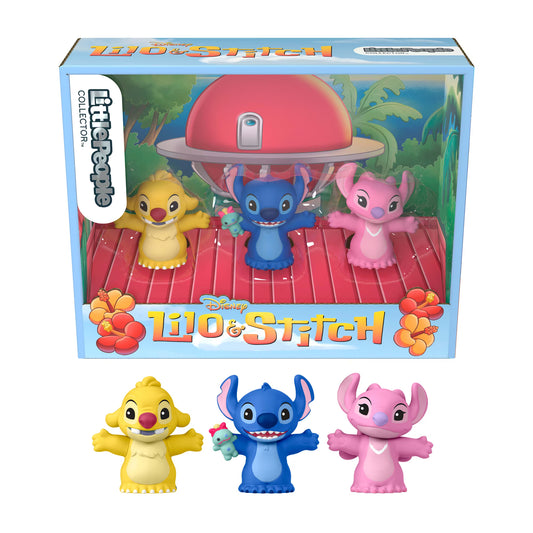 Little People Collector Disney Stitch & The Cousins figure set featuring Stitch, Angel, and Reuben inside a colorful display box with hidden details.