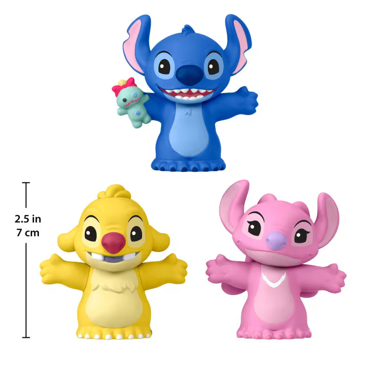 Little People Collector Disney Stitch & The Cousins figure set featuring Stitch, Angel, and Reuben inside a colorful display box with hidden details.